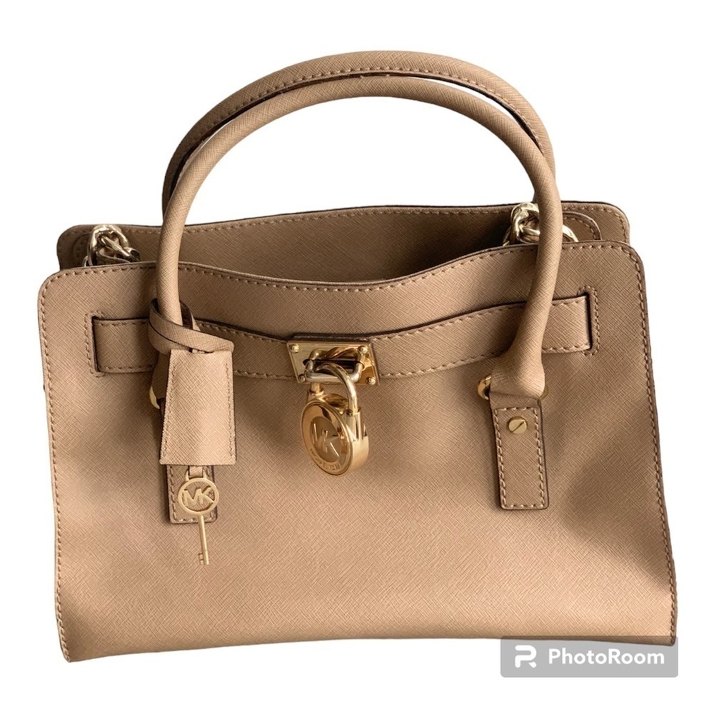 Michael Kors Hamilton Beige Saffiano Leather Satchel, Gold Chain Accent and Lock - Picture 3 of 15